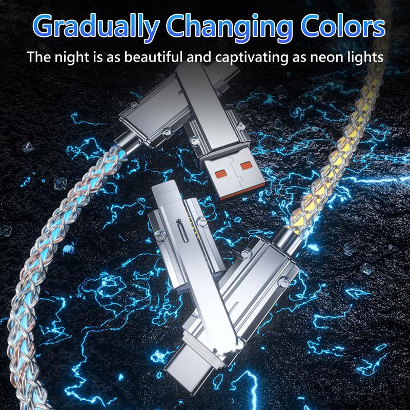 4-In-1 Colorful LED USB-C Charging Cable, 60W Fast Charge & Data Transfer, Usb/Type-C/Lightning Compatible with Iphone 16/15, Ipad, Samsung & More