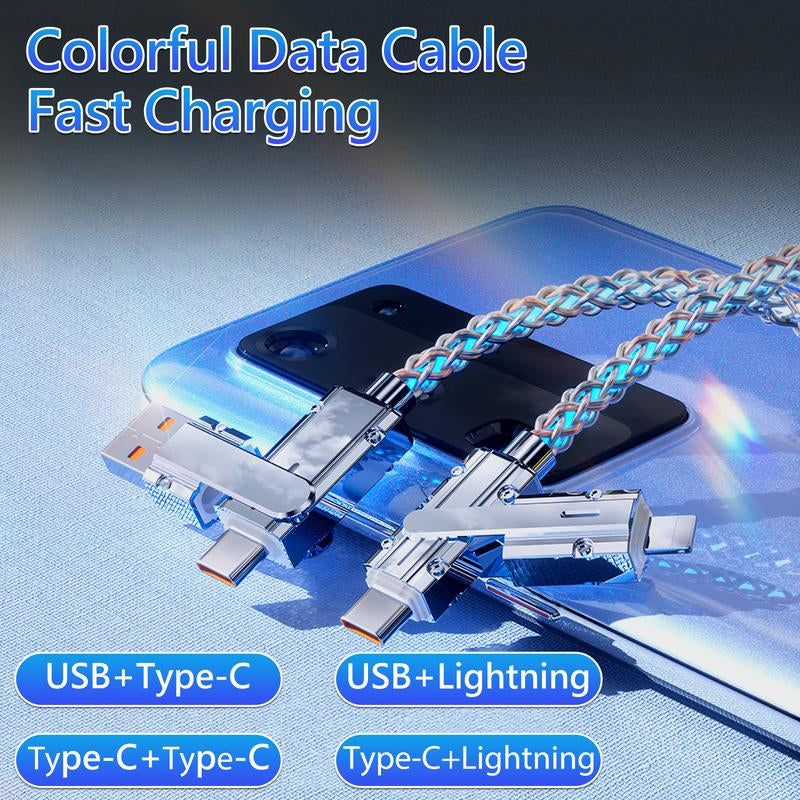 4-In-1 Colorful LED USB-C Charging Cable, 60W Fast Charge & Data Transfer, Usb/Type-C/Lightning Compatible with Iphone 16/15, Ipad, Samsung & More