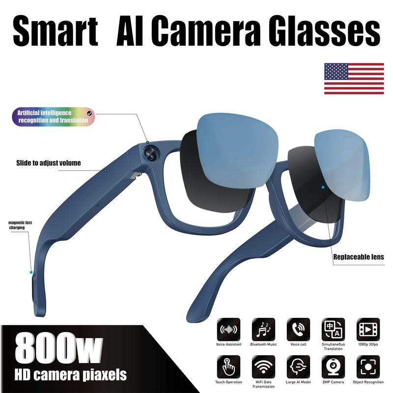 Evomi Touch-Control Smart Glasses with 800W HD Camera, Bluetooth Voice Communication, Dual Lenses, Surround Sound, and Smart Polarized Lenses for Daily Activities, Wearable Device in Black