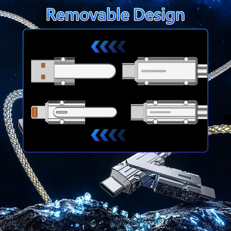4-In-1 Colorful LED USB-C Charging Cable, 60W Fast Charge & Data Transfer, Usb/Type-C/Lightning Compatible with Iphone 16/15, Ipad, Samsung & More