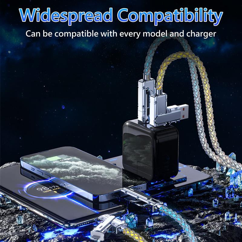 4-In-1 Colorful LED USB-C Charging Cable, 60W Fast Charge & Data Transfer, Usb/Type-C/Lightning Compatible with Iphone 16/15, Ipad, Samsung & More