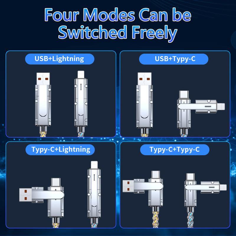 4-In-1 Colorful LED USB-C Charging Cable, 60W Fast Charge & Data Transfer, Usb/Type-C/Lightning Compatible with Iphone 16/15, Ipad, Samsung & More